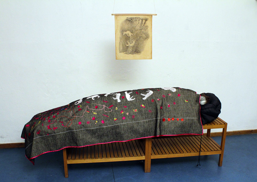 Mona 2, motorized sonic automaton under its hand-loomed manto