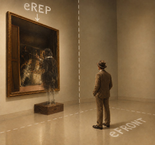 Illustration: the real Velázquez, translucent, painting the canvas to the left of the viewer in the museum