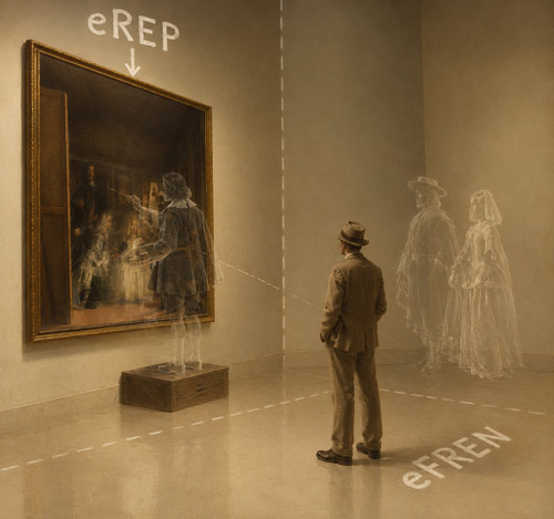 Ilustración: los reyes, translúcidos, junto al espectador en eFREN, y el Velázquez real pintando el lienzo