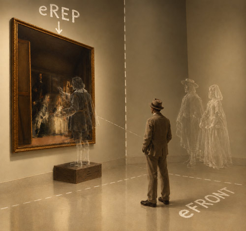 Illustration: the monarchs, translucent, next to the viewer in eFRONT, and the real Velázquez painting the canvas