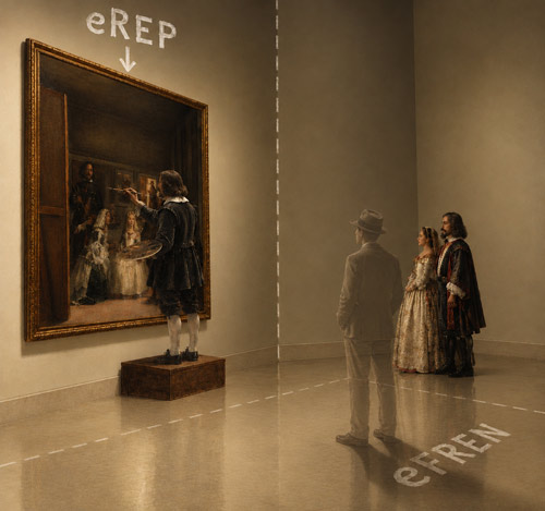 Ilustración: el espectador, semitransparente, frente al cuadro, con su sombra nítida en el piso, y los reyes y el pintor sin transparencia