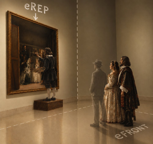 Illustration: the viewer, semi-transparent, in front of the painting, with a sharp shadow on the floor, and the monarchs and the painter without transparency